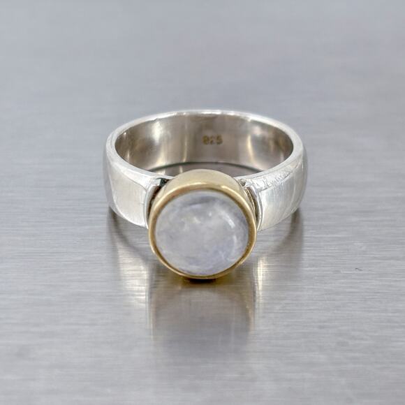 Rainbow Moonstone Gold Accent Bezel Ring | Sterling Silver 925 | Size 6 - Picture 11 of 15